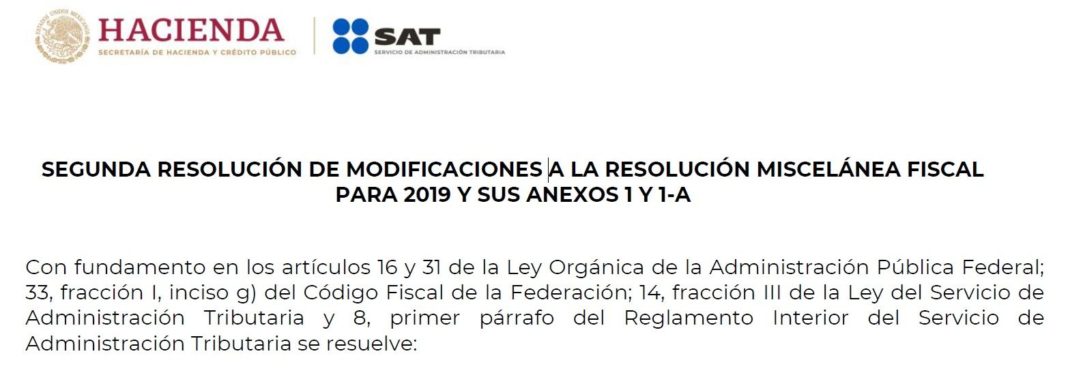 segunda resolución de modificaciones a la RMF 2019