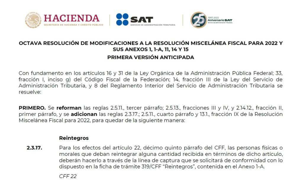 Primera versión anticipada de la Octava Resolución a la RMF para 2022